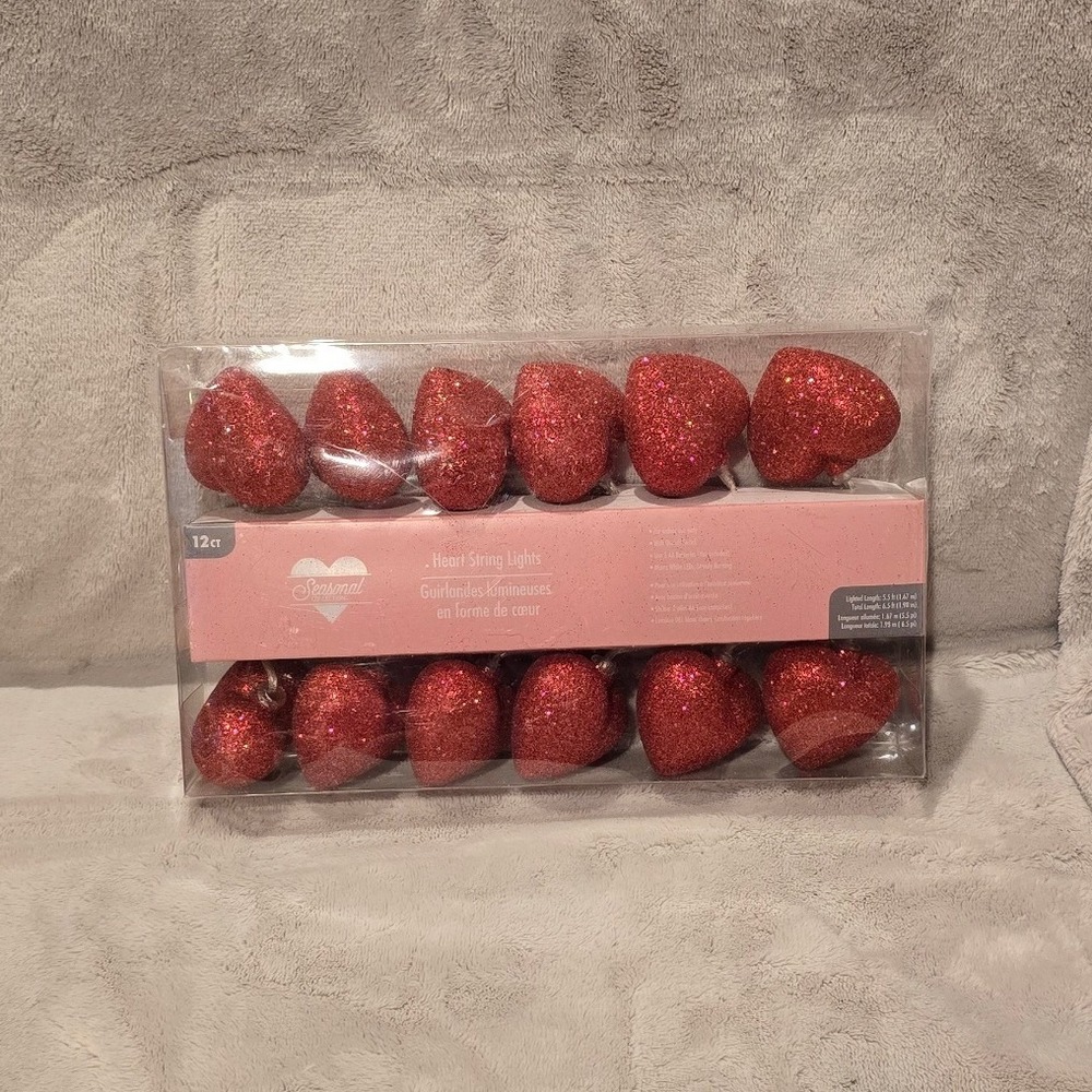 Seasonal Collection Red Glitter Heart String Lights 12ct Battery Operated 6.5ft